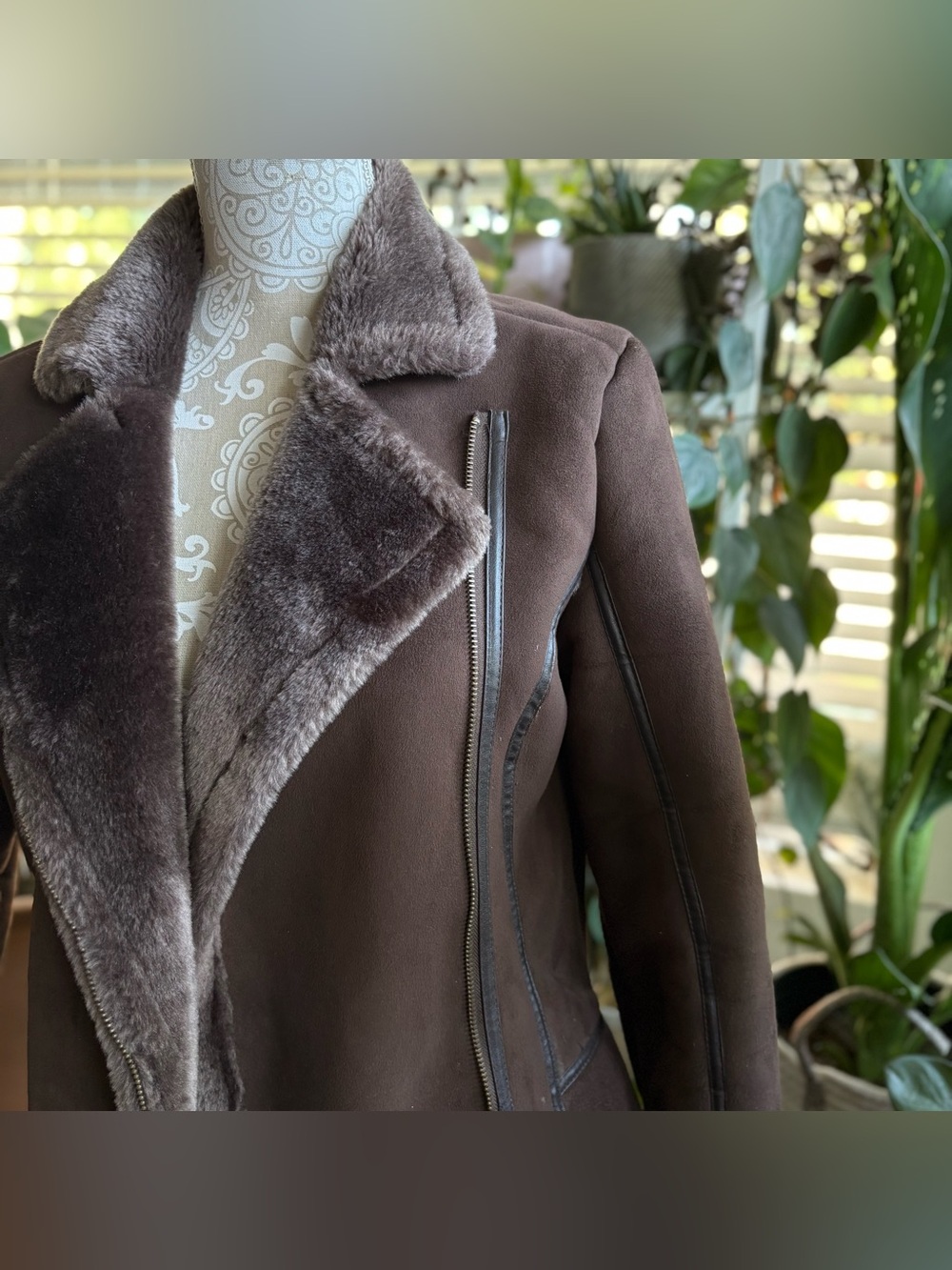 Y2K Vintage Brown Faux Shearling Moto Coat